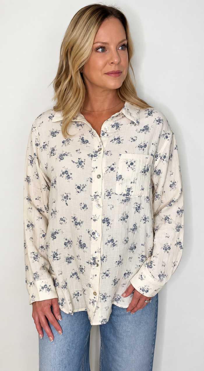 Autumn Bloom Cotton Top-Cream/Dusty Blue