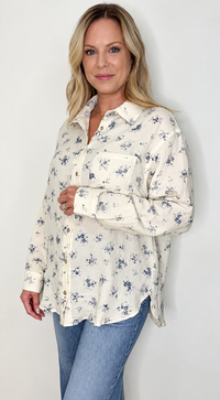 Autumn Bloom Cotton Top-Cream/Dusty Blue