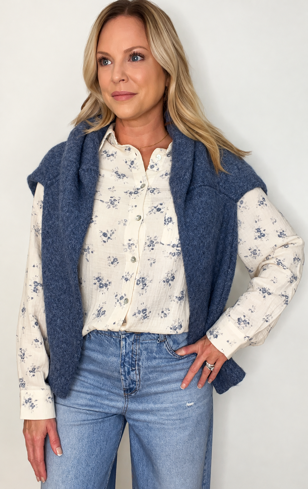 Autumn Bloom Cotton Top-Cream/Dusty Blue