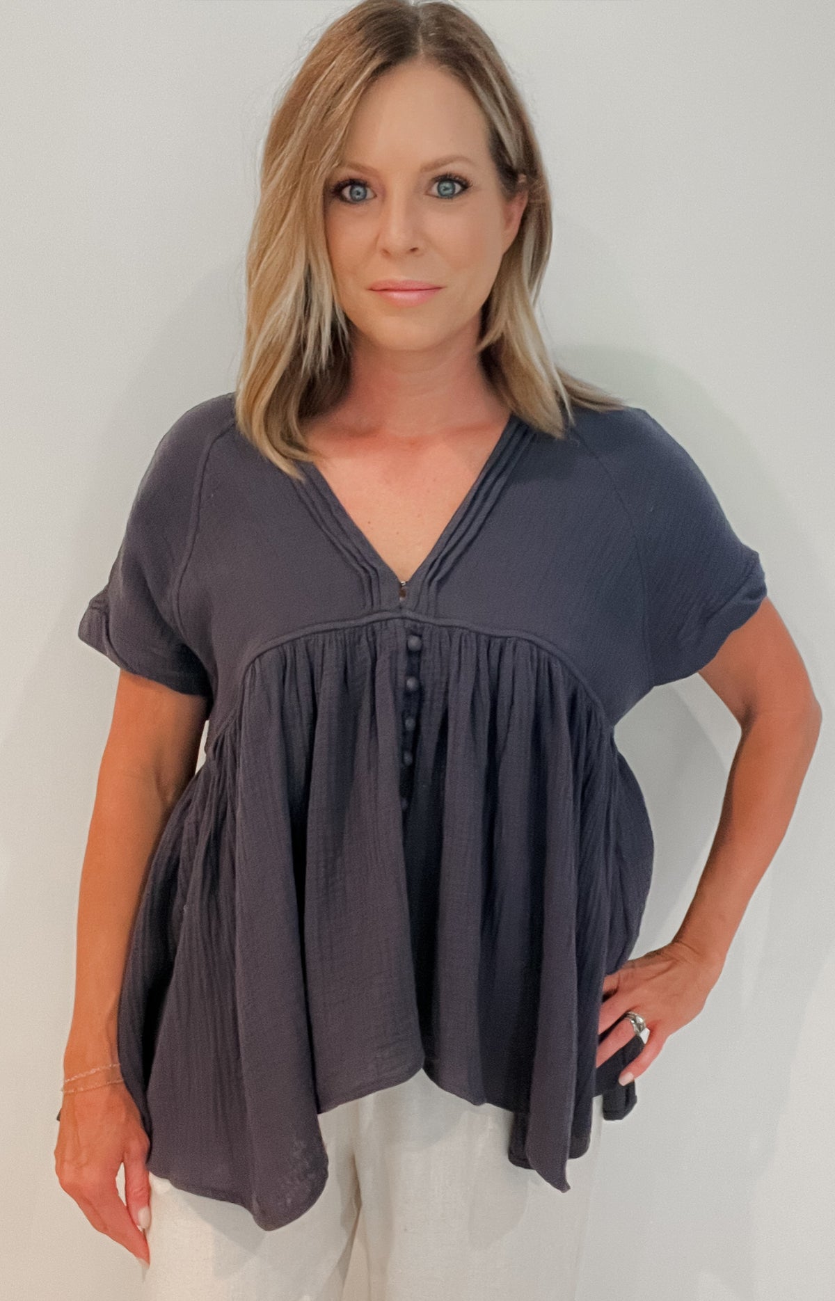 Ariella Woven Cotton Top-Charcoal -Final Sale