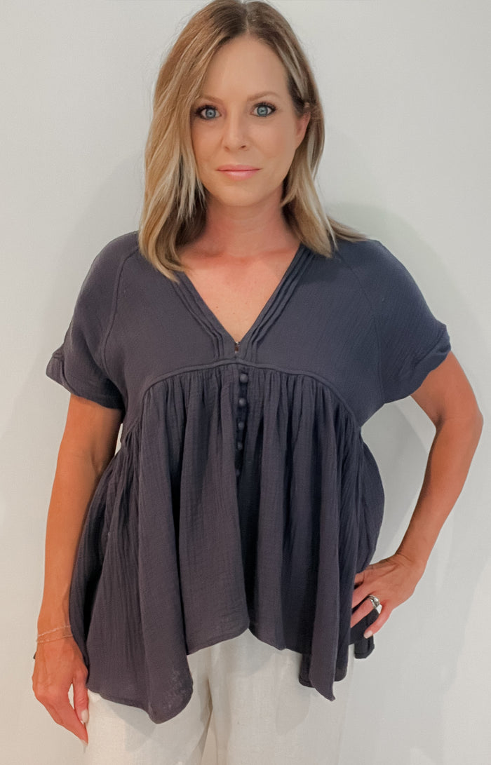 Ariella Woven Cotton Top-Charcoal -Final Sale