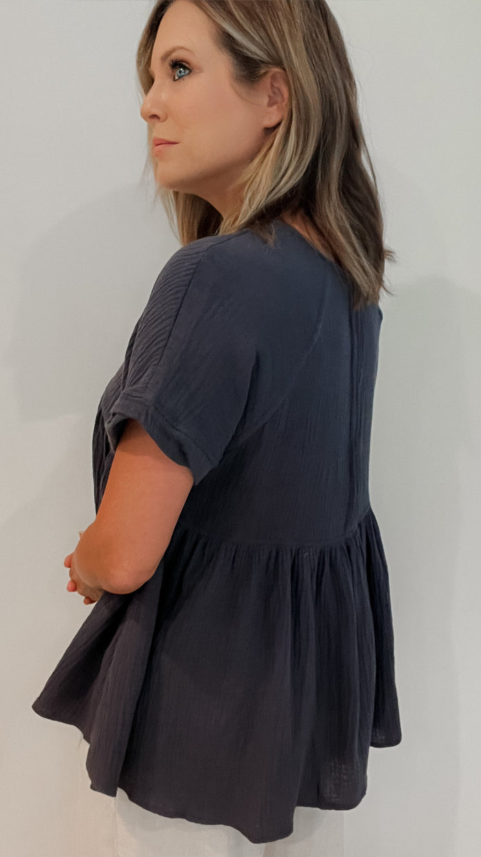 Ariella Woven Cotton Top-Charcoal -Final Sale