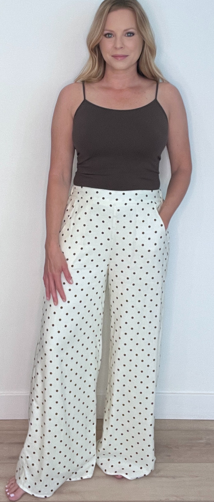 Mocha Dot Linen Blend Pants-Ivory/Brown