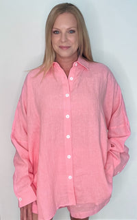 Capri Linen Button Down-Bubblegum