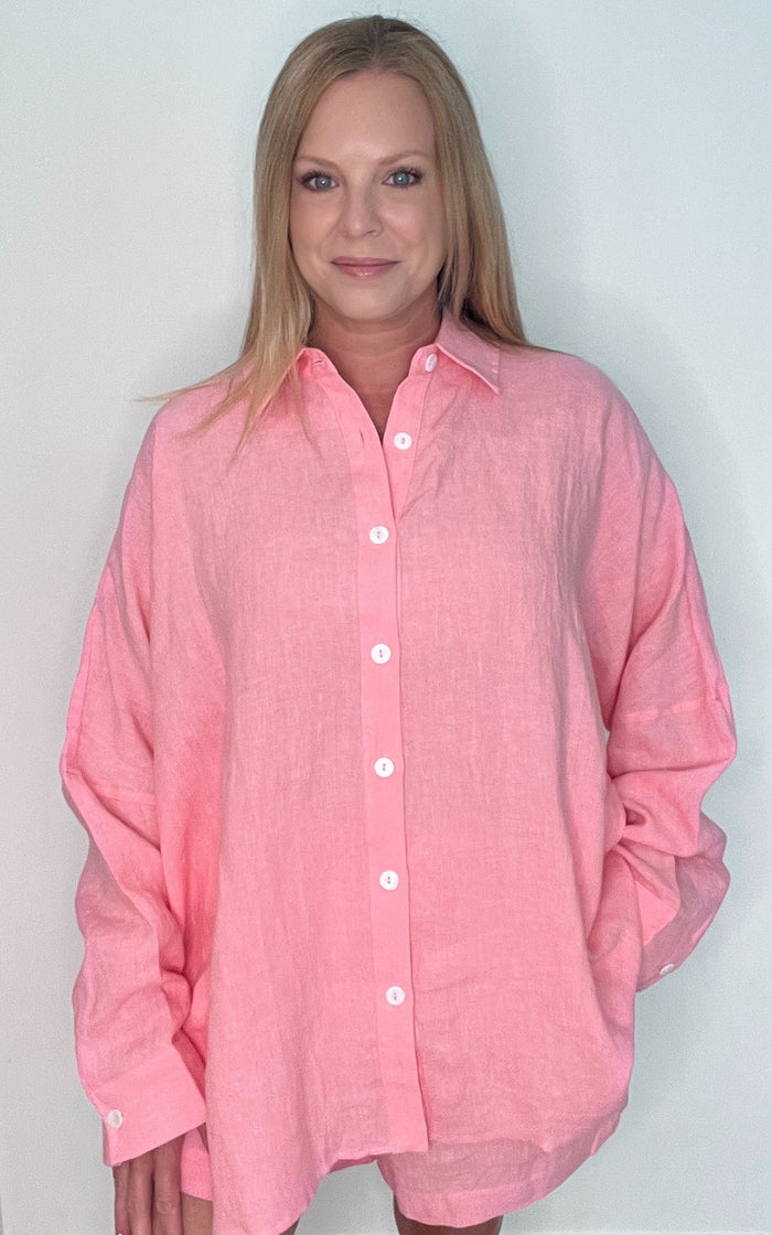 Capri Linen Button Down-Bubblegum