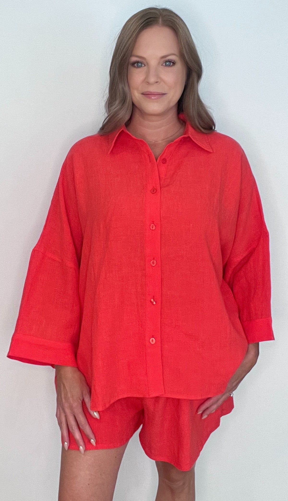Capri Linen Button Down-Chili Pepper
