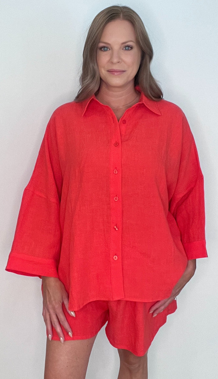 Capri Linen Button Down-Chili Pepper