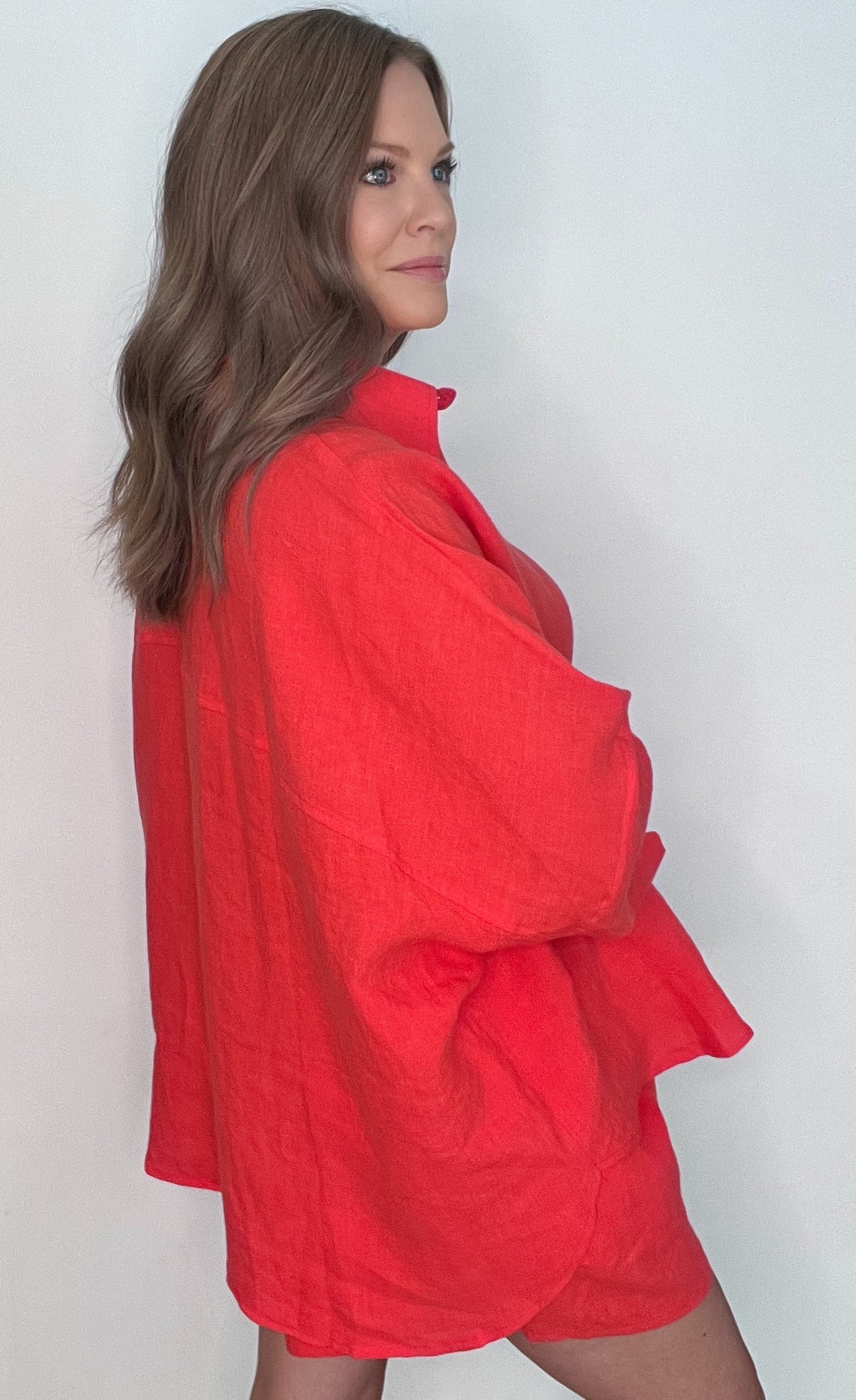 Capri Linen Button Down-Chili Pepper