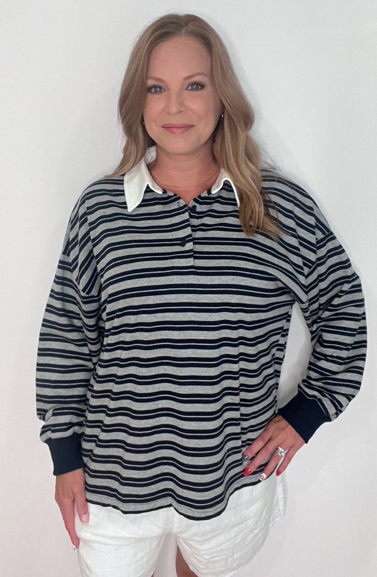Newport Stripe Top-Navy/Grey