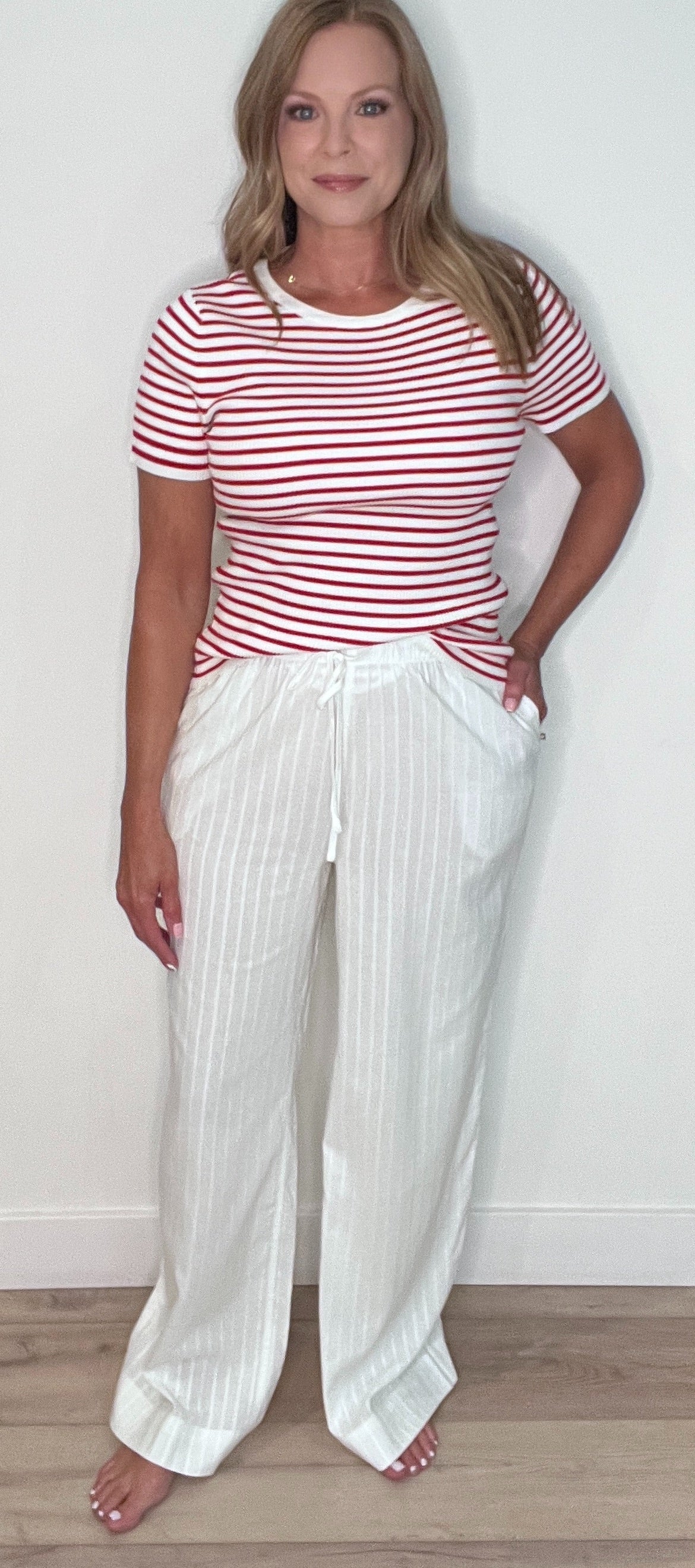 Palm Breeze Pinstriped Pants-White