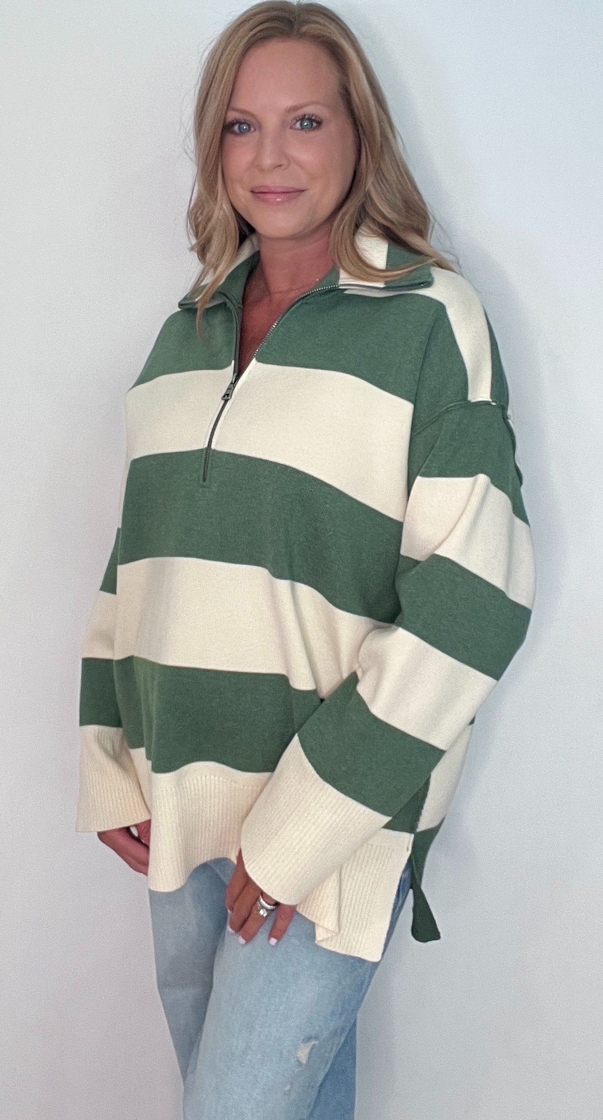 Cedar Grove Half Zip Pullover-Green/Ivory