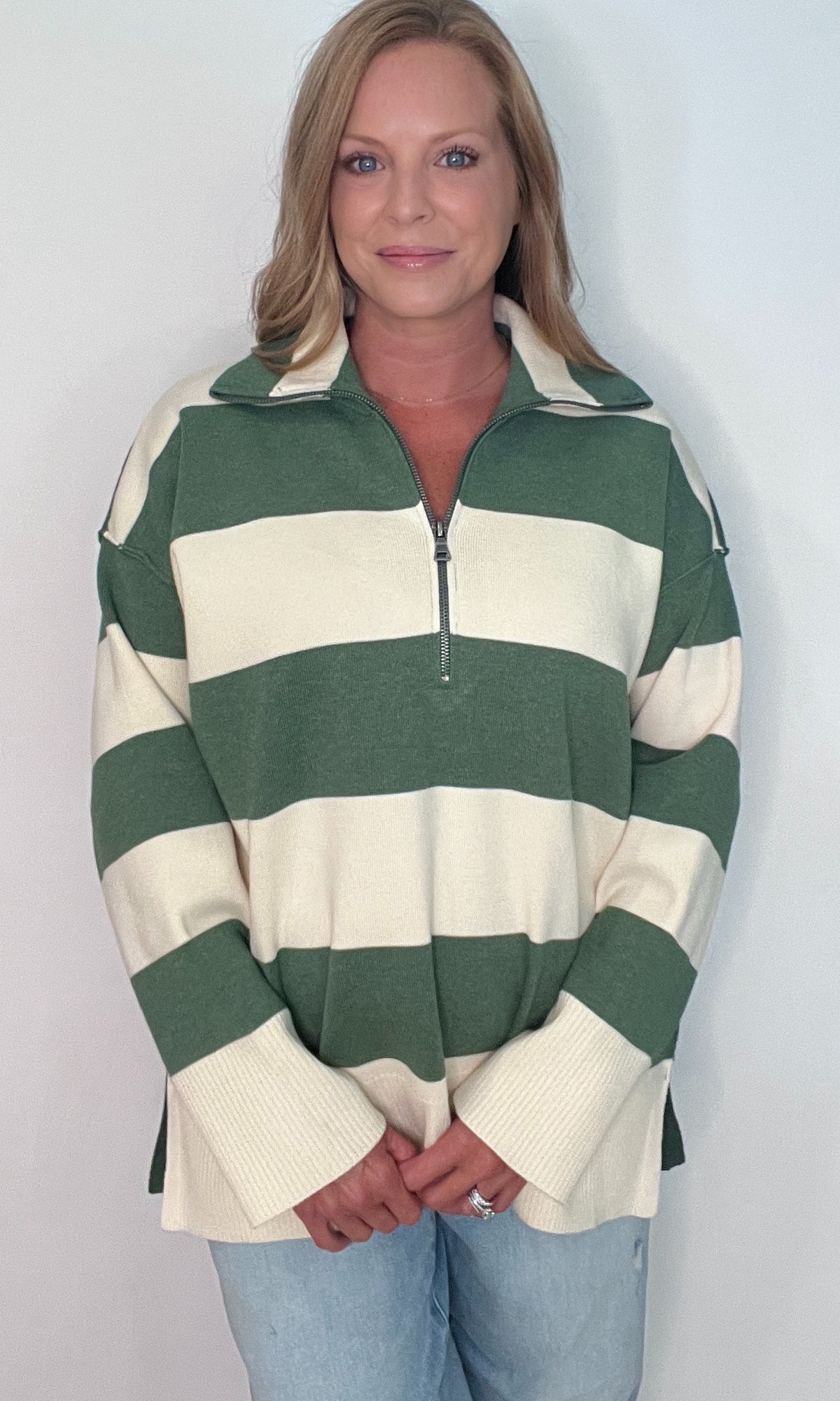 Cedar Grove Half Zip Pullover-Green/Ivory