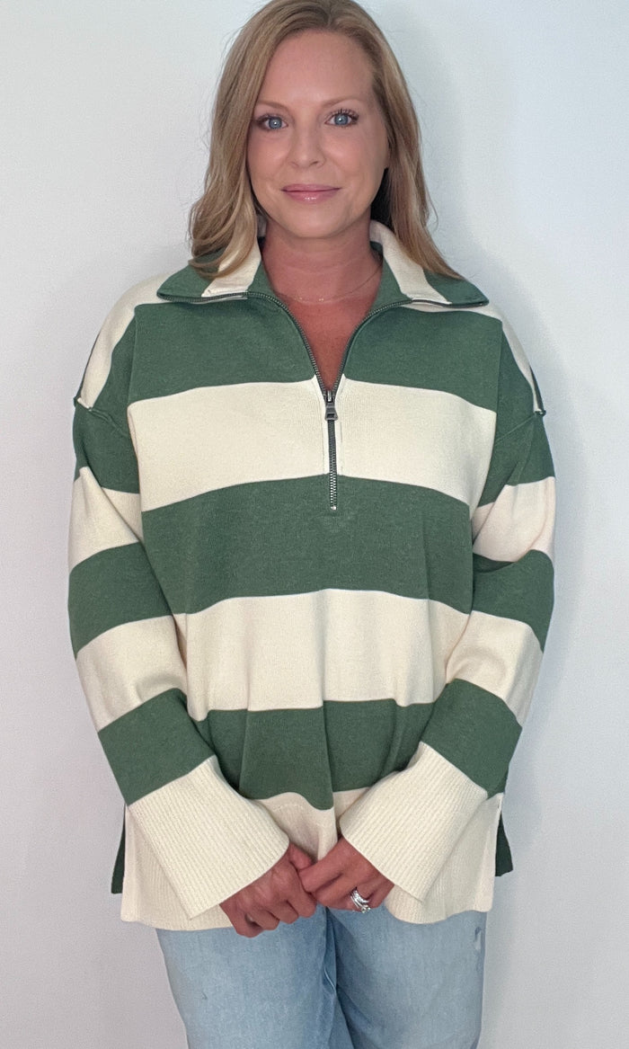 Cedar Grove Half Zip Pullover-Green/Ivory
