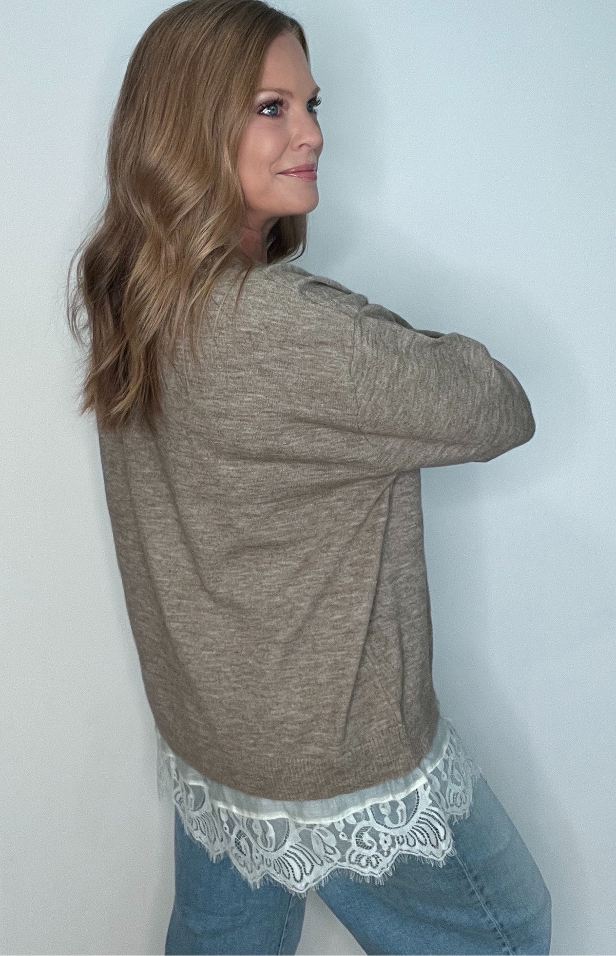 Layered Lace Sweater-Heather Mocha
