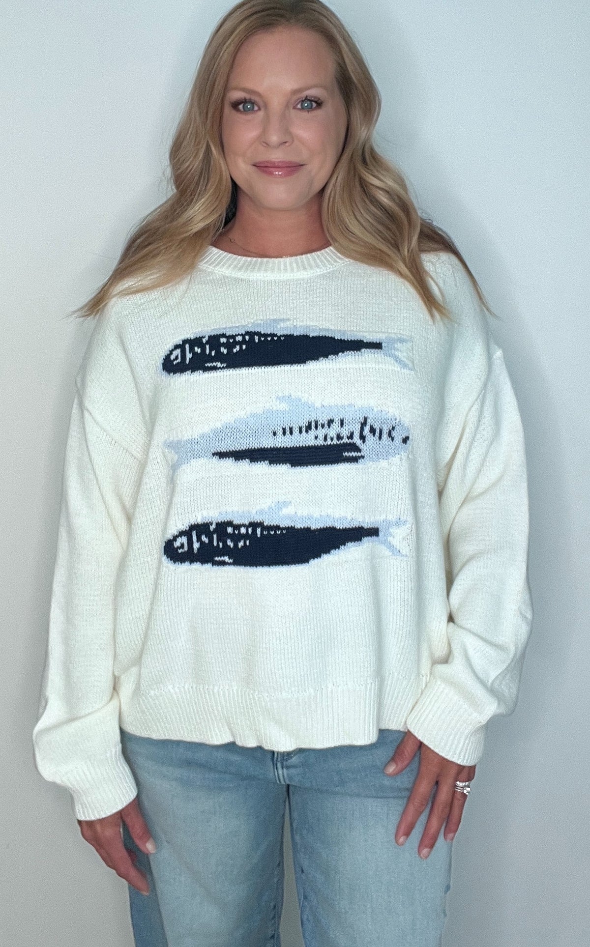 Coastal Catch Sweater-Ivory/Blue