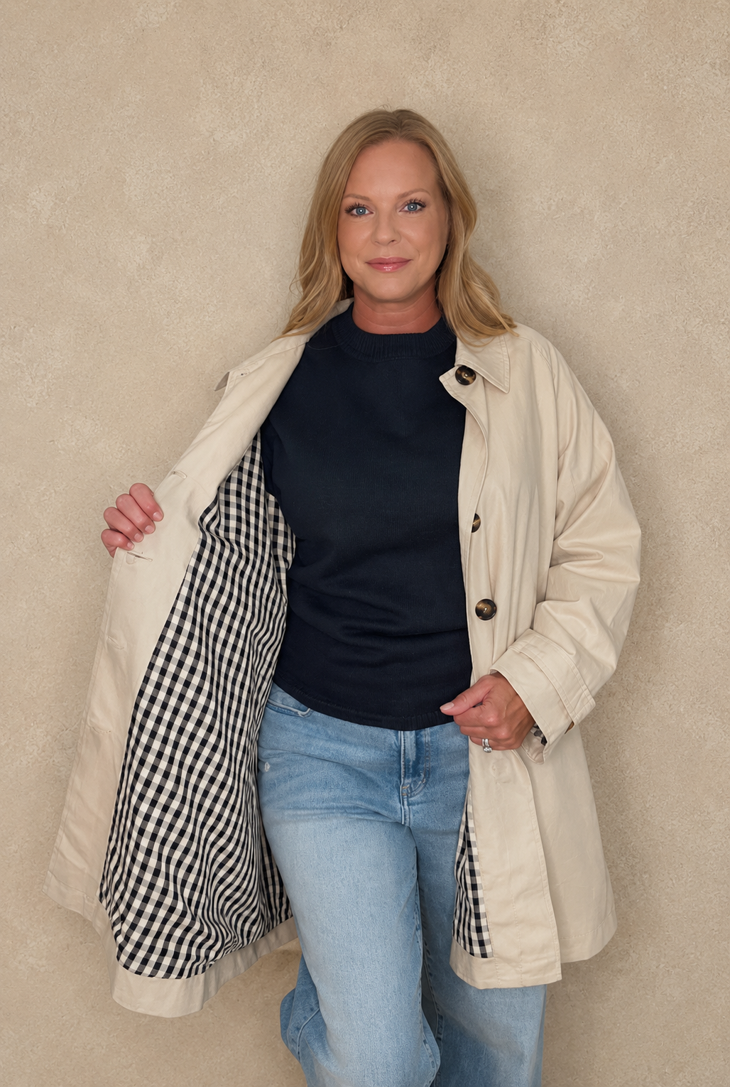Embers Gingham Lined Trench-Beige