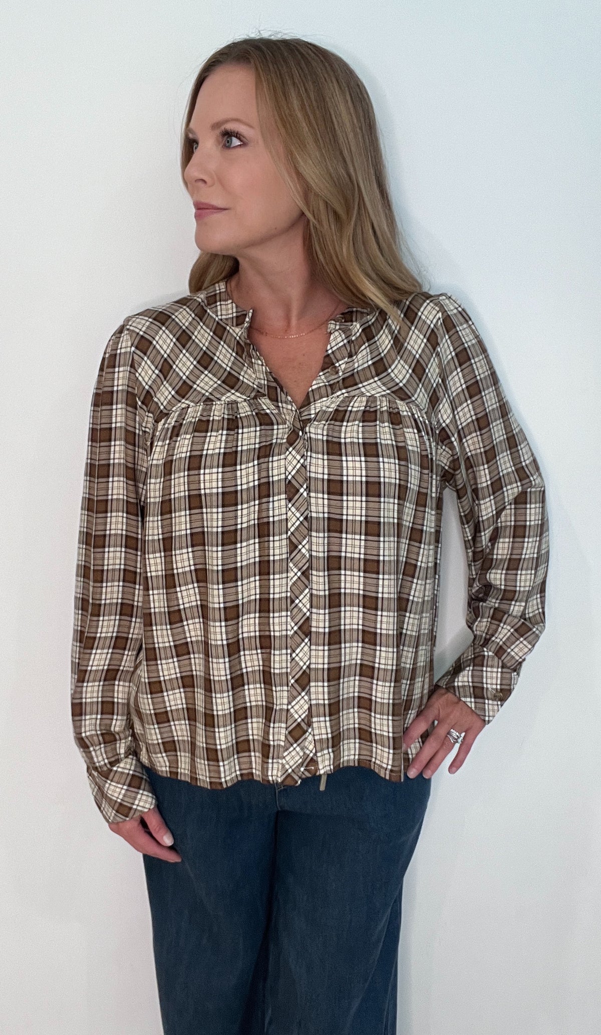 Hadley Plaid Top-Brown/Cream