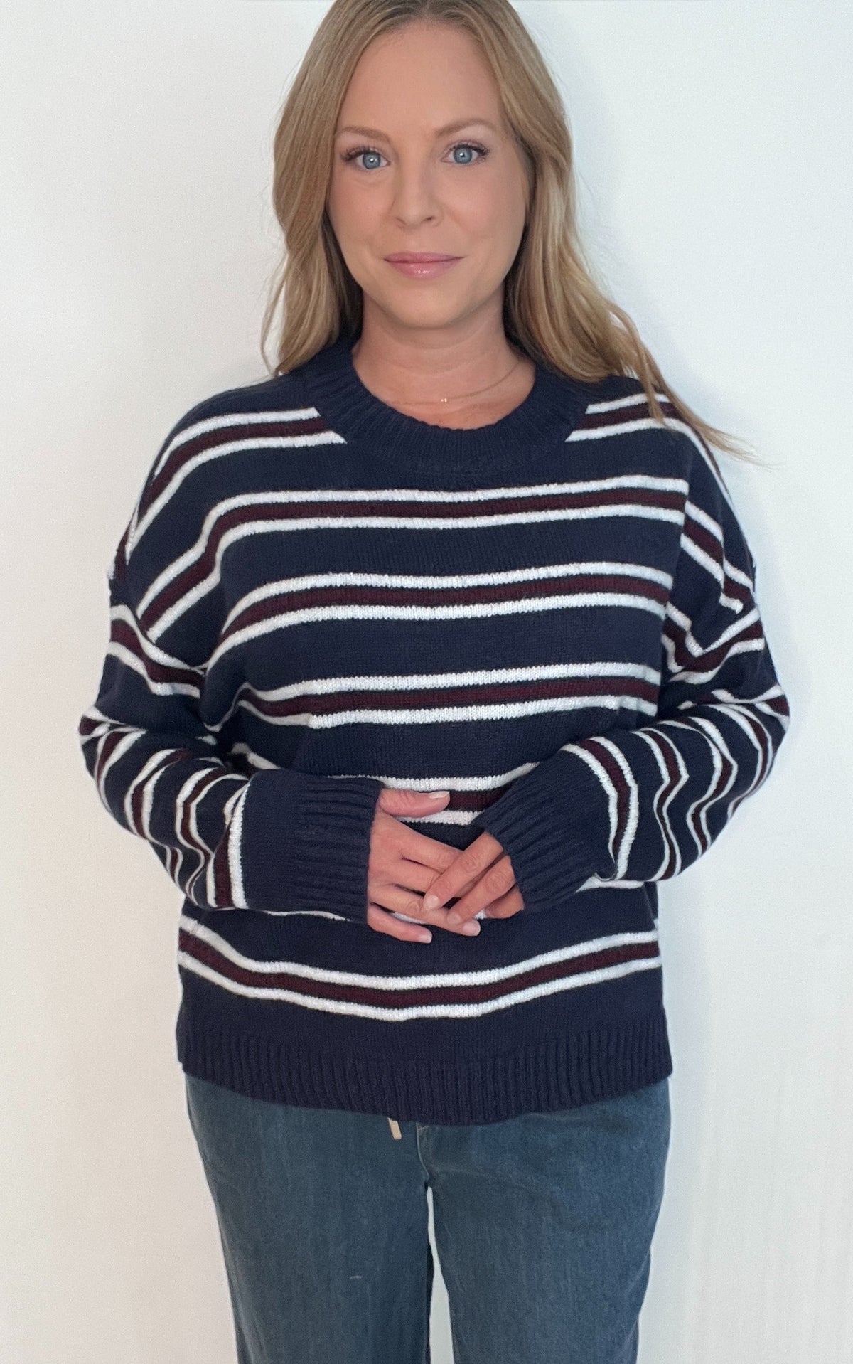 Westport Stripe Sweater-Navy/Maroon