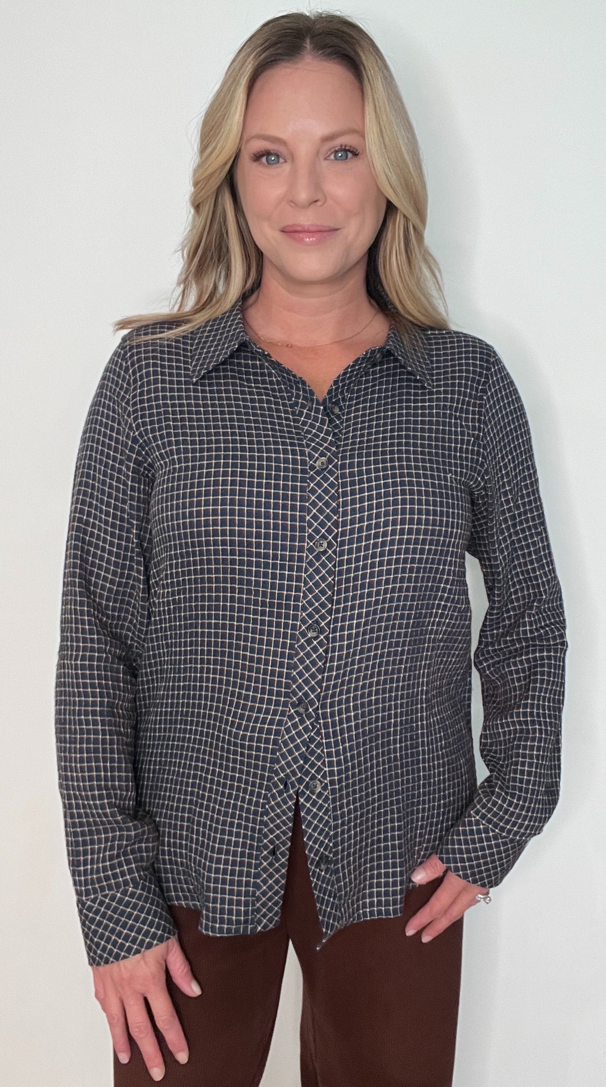 Hudson Cotton Button Down-Navy/Brown