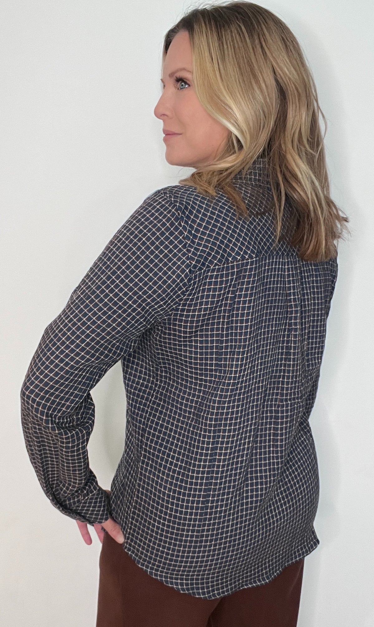 Hudson Cotton Button Down-Navy/Brown