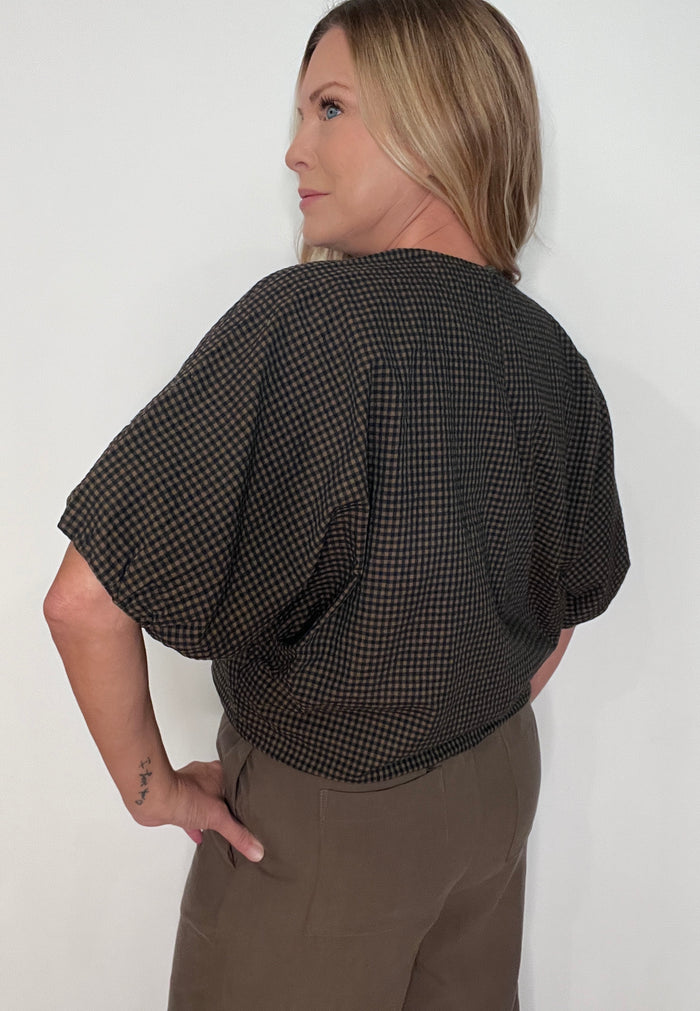 Shadow Gingham Top-Navy/Mocha