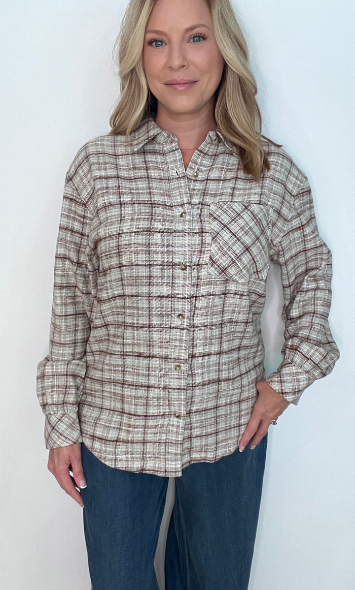 Autumn Trail Cotton Top-Taupe Plaid