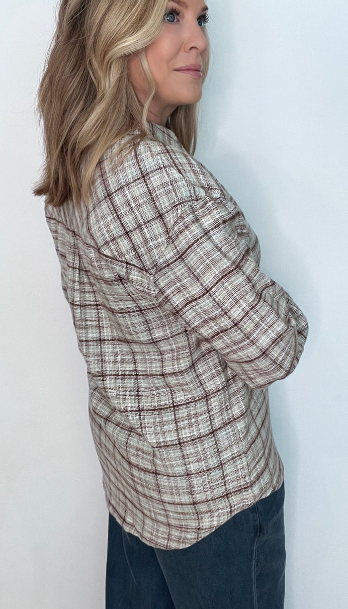 Autumn Trail Cotton Top-Taupe Plaid