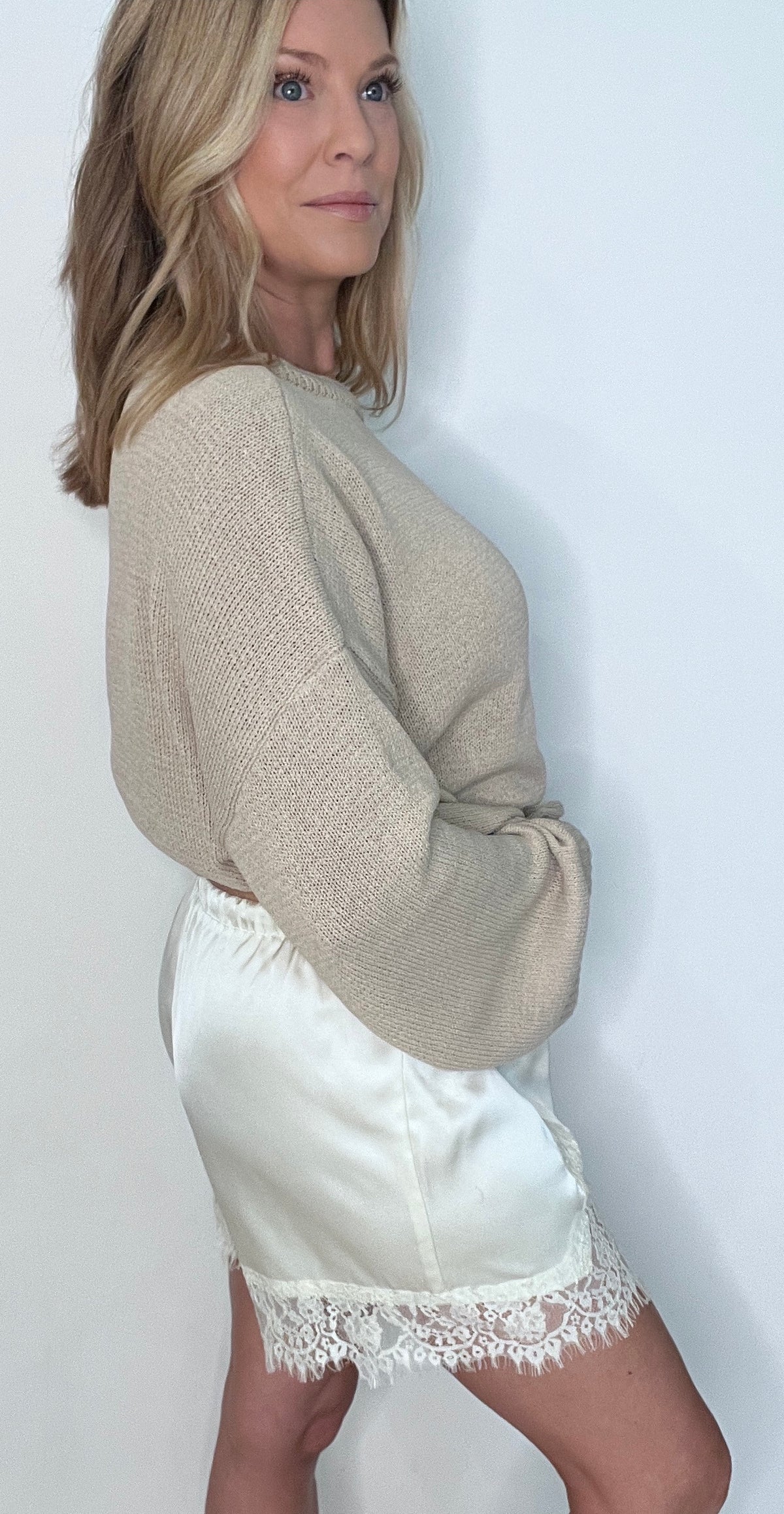 Meadow Lace Satin Shorts-Cream
