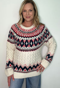 Winter Traditions Sweater-Cream/Navy/Pink