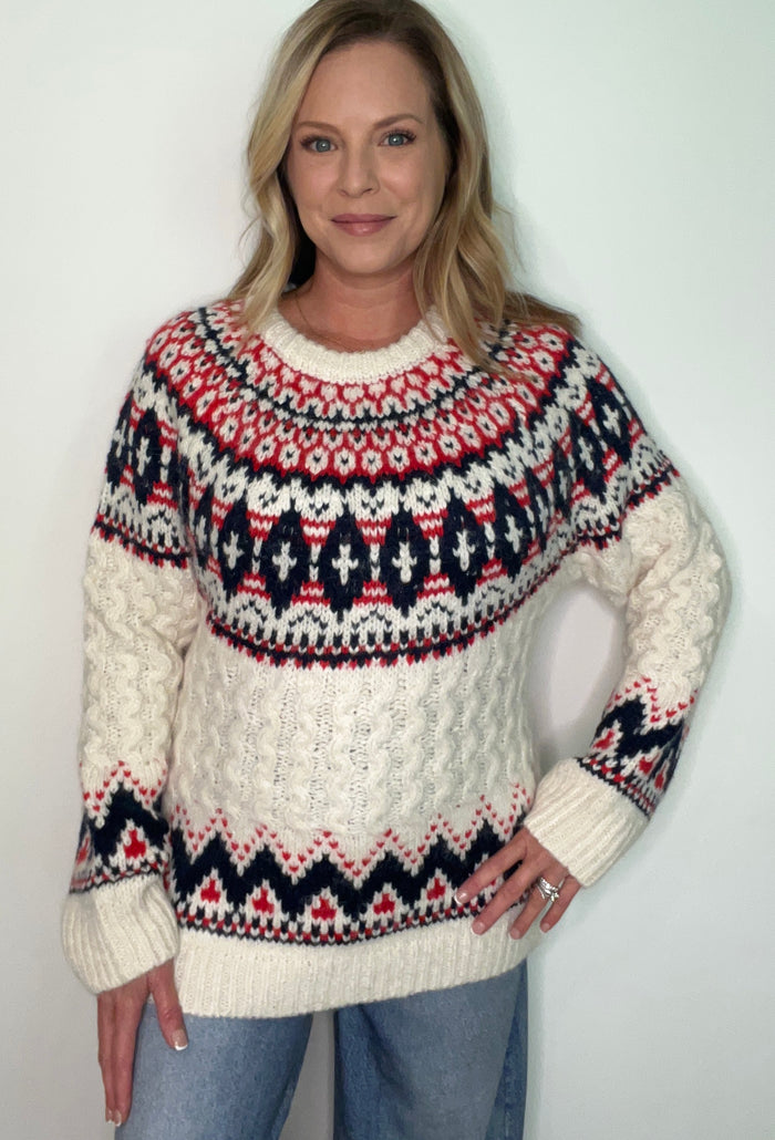 Winter Traditions Sweater-Cream/Navy/Pink