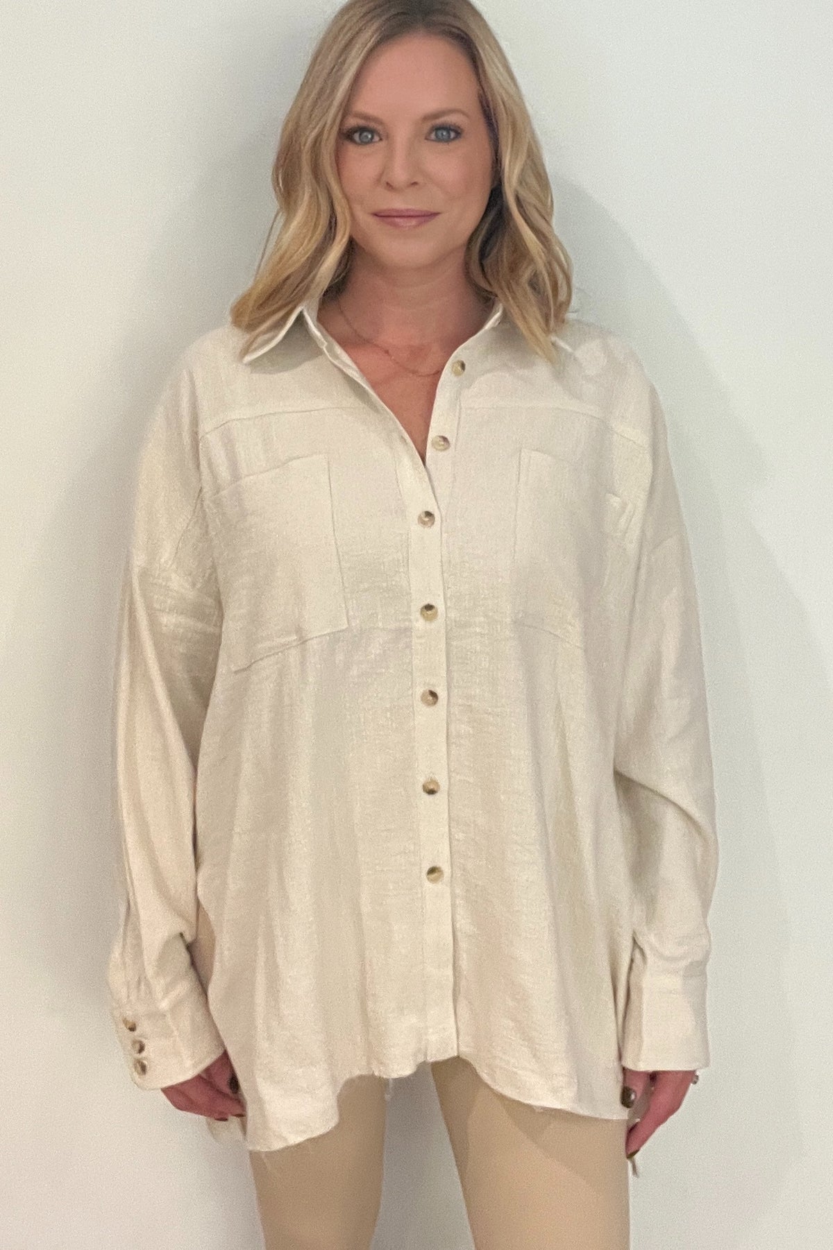 Vivian Woven Button Down Top-Natural-Final Sale