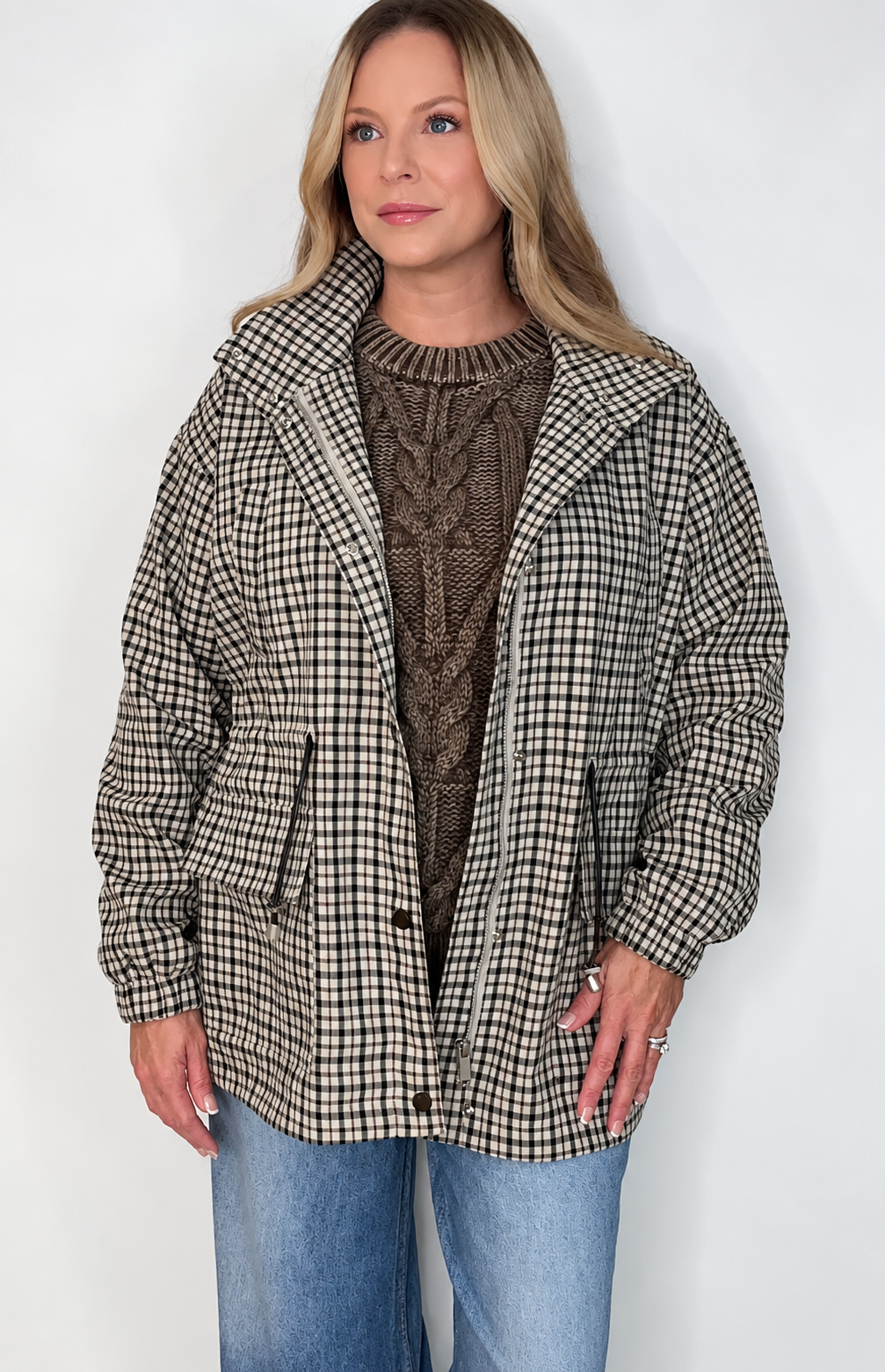 Surrey Plaid Jacket-Cream/Brown