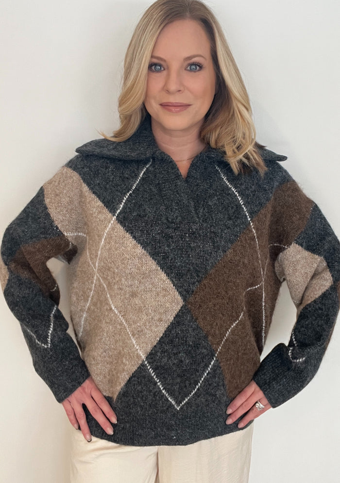 Windsor Argyle Sweater-Charcoal-Final Sale