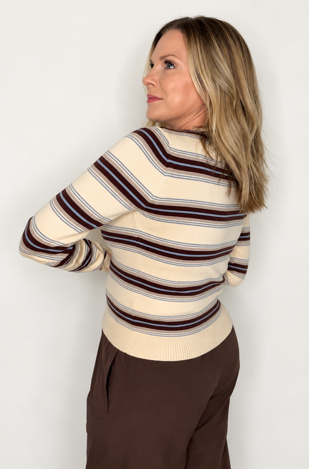 The Muse Cardigan-Beige/Mocha Stripe