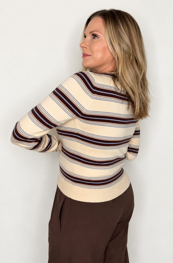 The Muse Cardigan-Beige/Mocha Stripe