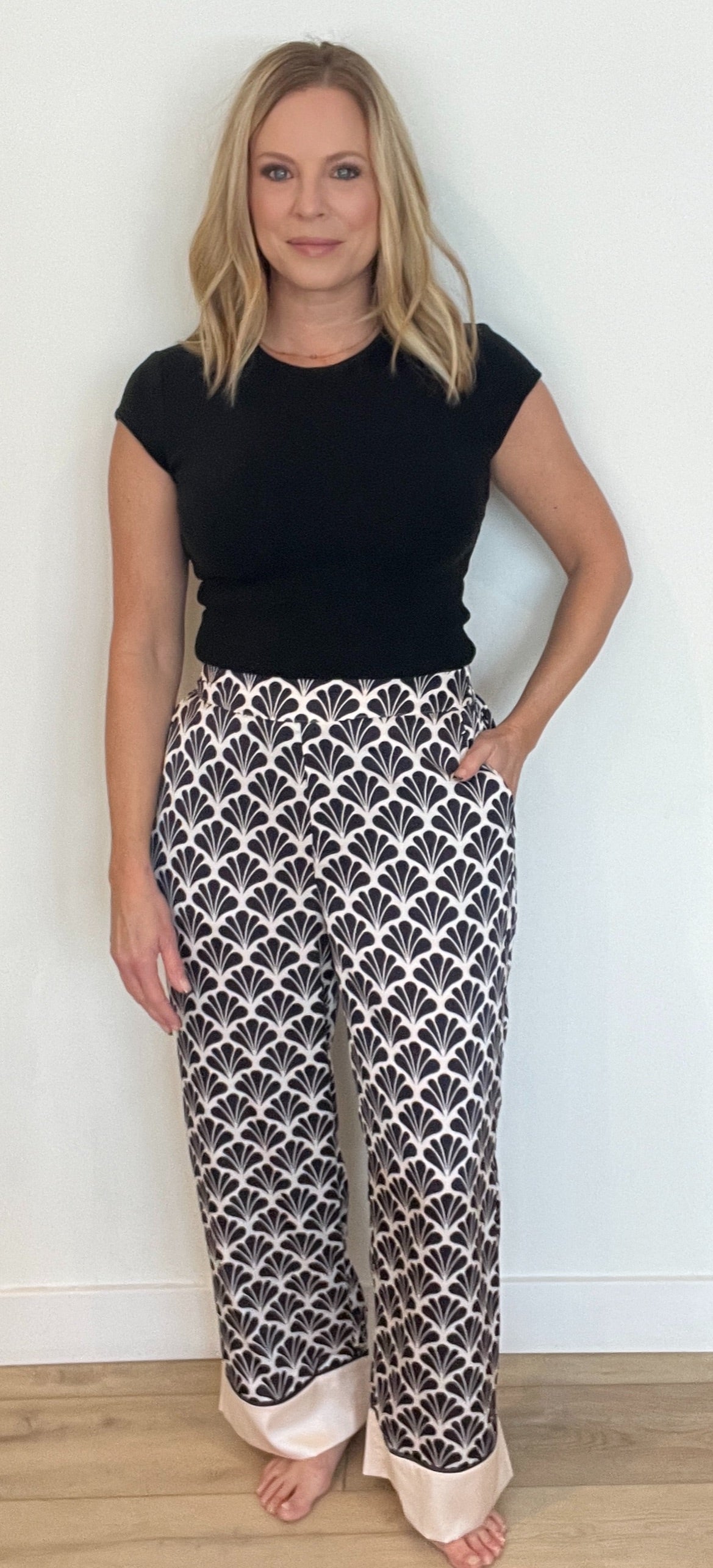 Seashell Print Pants-Black/Ecru-Final Sale