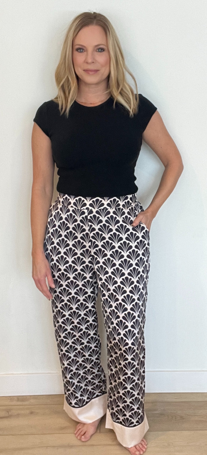 Seashell Print Pants-Black/Ecru-Final Sale