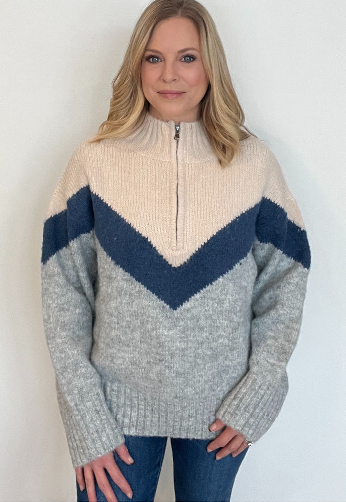 Chevy Half Zip Sweater-Cream/Blue Combo-Final Sale