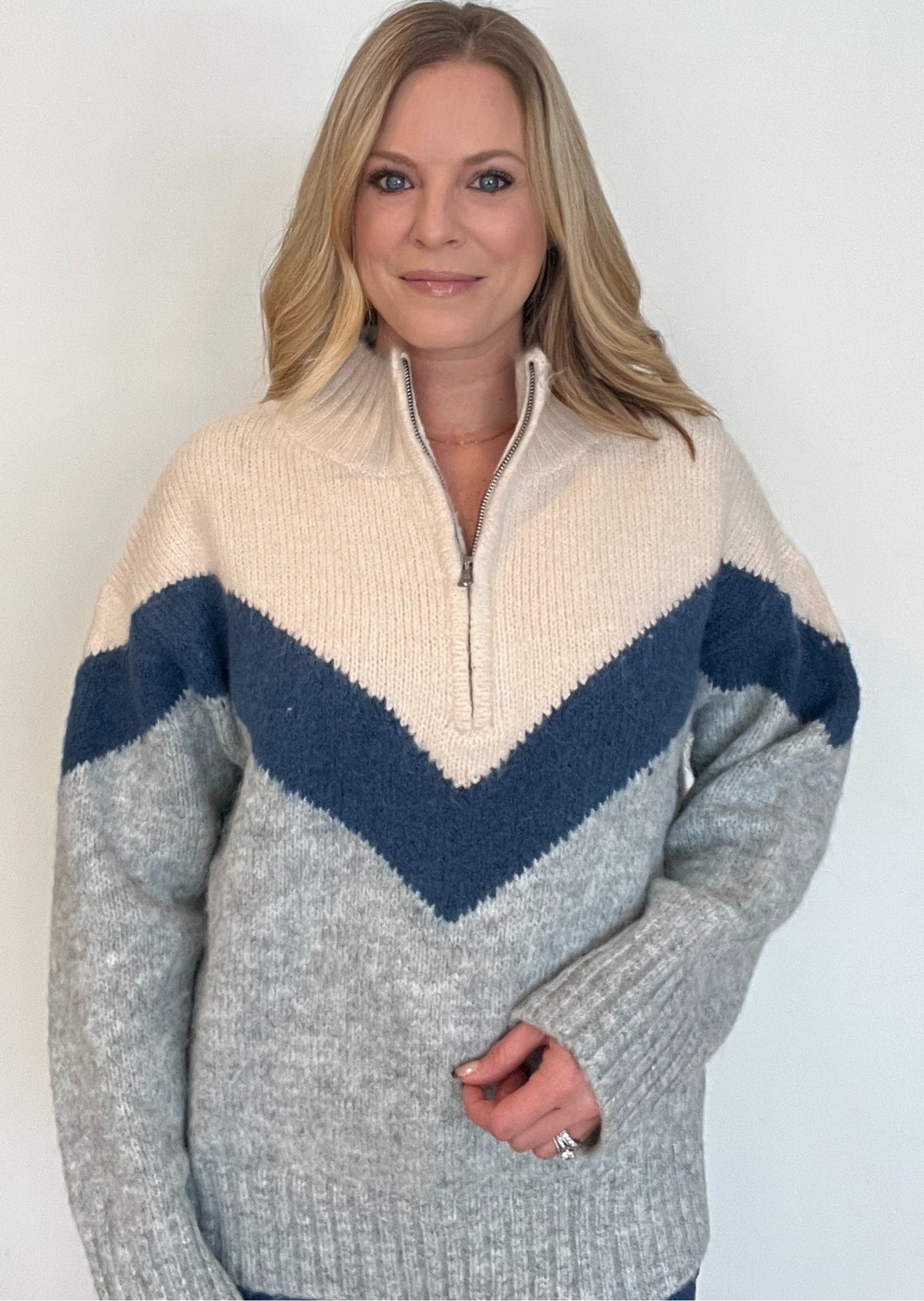 Chevy Half Zip Sweater-Cream/Blue Combo-Final Sale