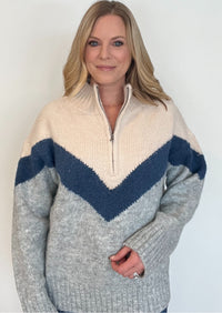Chevy Half Zip Sweater-Cream/Blue Combo-Final Sale