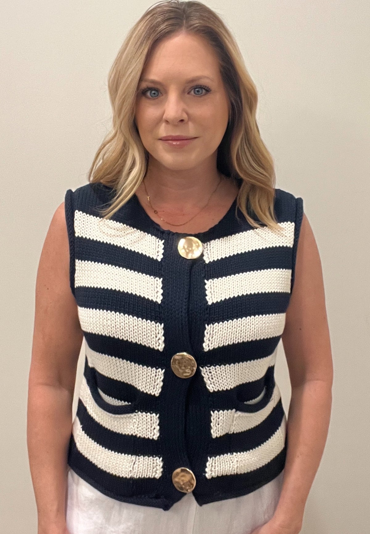 Causeway Stripe Knit Vest-Navy/Cream-Final Sale