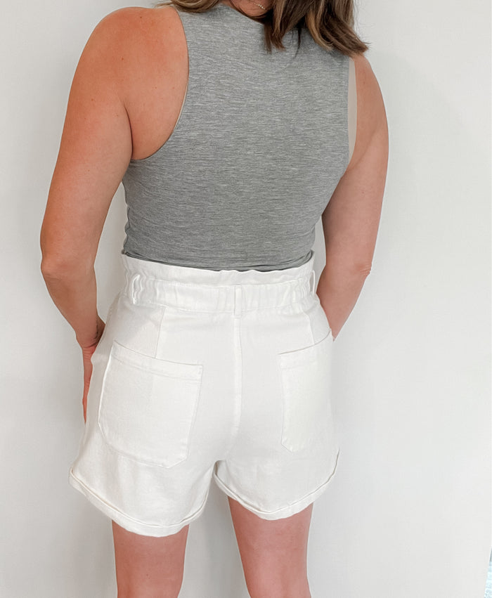 Cali Paperbag Denim Shorts-White-Final Sale