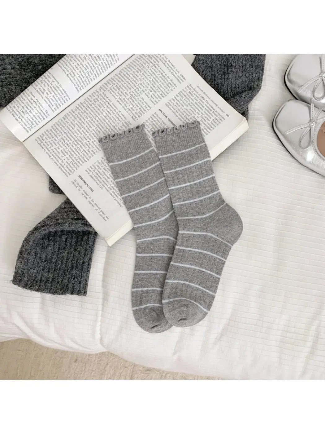 Ruffle Trim Stripe Socks-Grey
