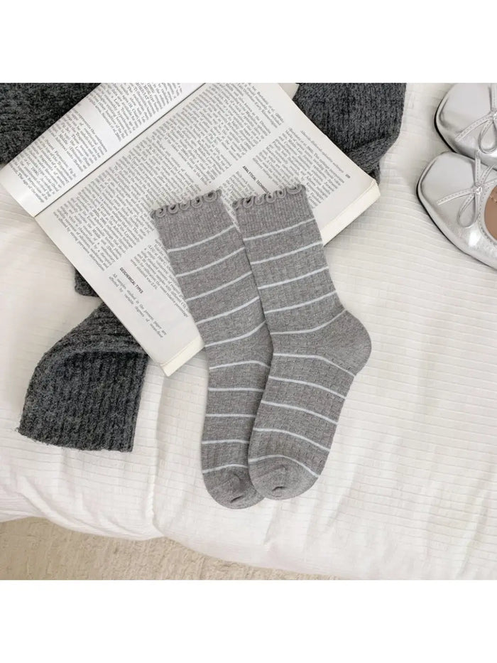 Ruffle Trim Stripe Socks-Grey